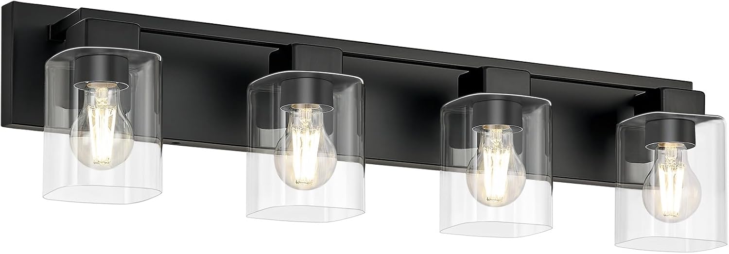 Black Square Glass 4-Light Farmhouse Vanity Light