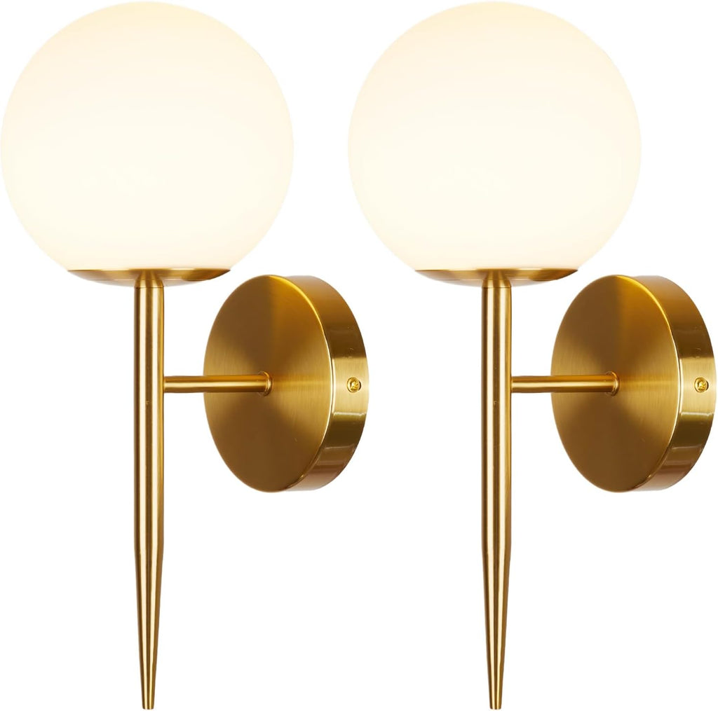Brushed Brass White Globe Glass Wall Sconces Set