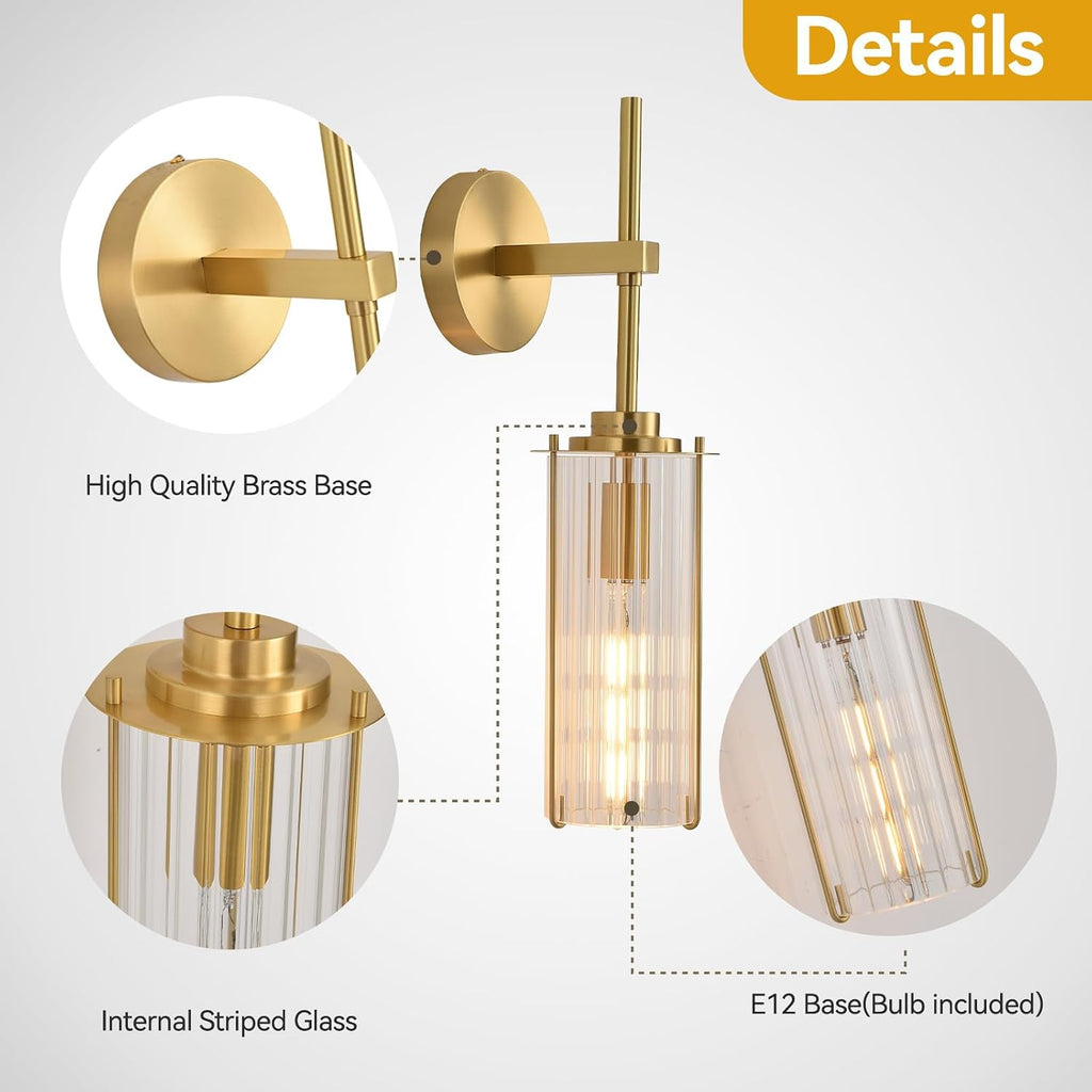 Gold Vertical Striped Glass Tube Bathroom Wall Sconce