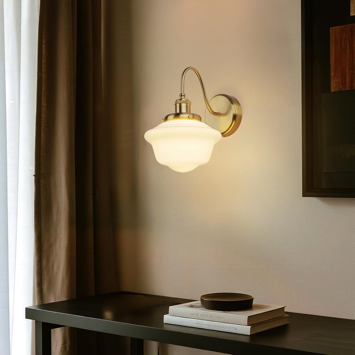 Gold White Milk Glass Hardwired Wall Sconce