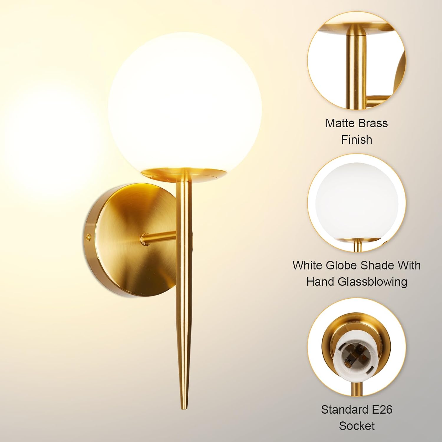 Brushed Brass White Globe Glass Wall Sconces Set
