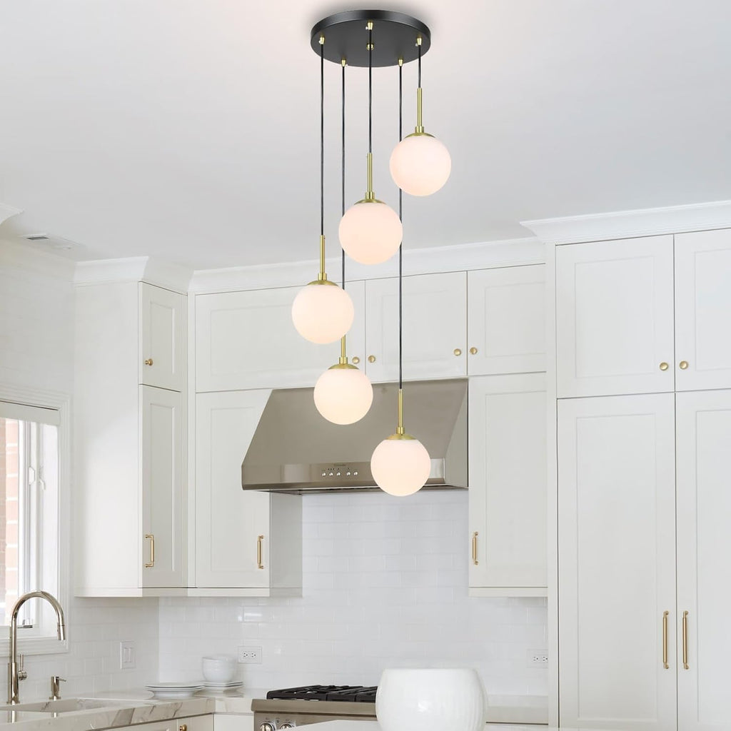 Black Brass Globe 5-Light Cluster Pendant Light