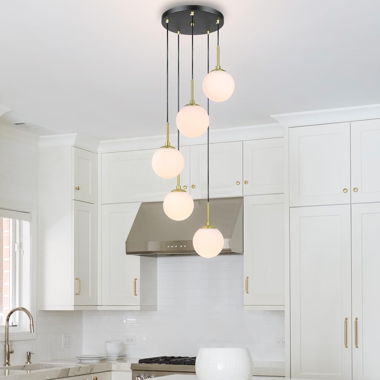 Black Brass Globe 5-Light Cluster Pendant Light