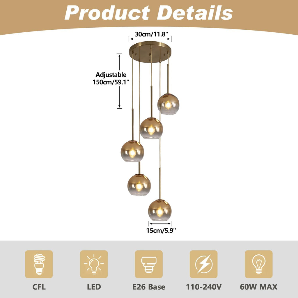 Gold Small Globe 5-Light Cluster Pendant Light