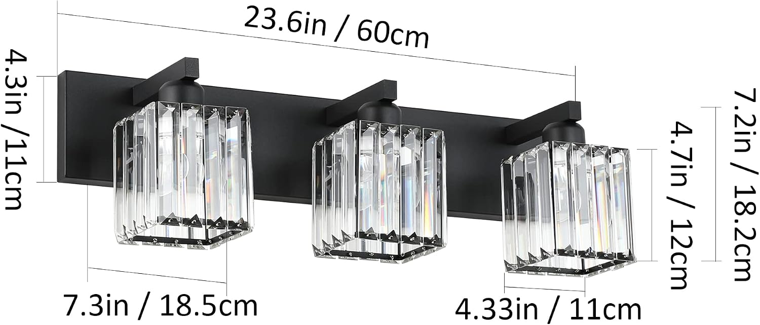 Black Crystal 3-Light Modern Bathroom Vanity Light