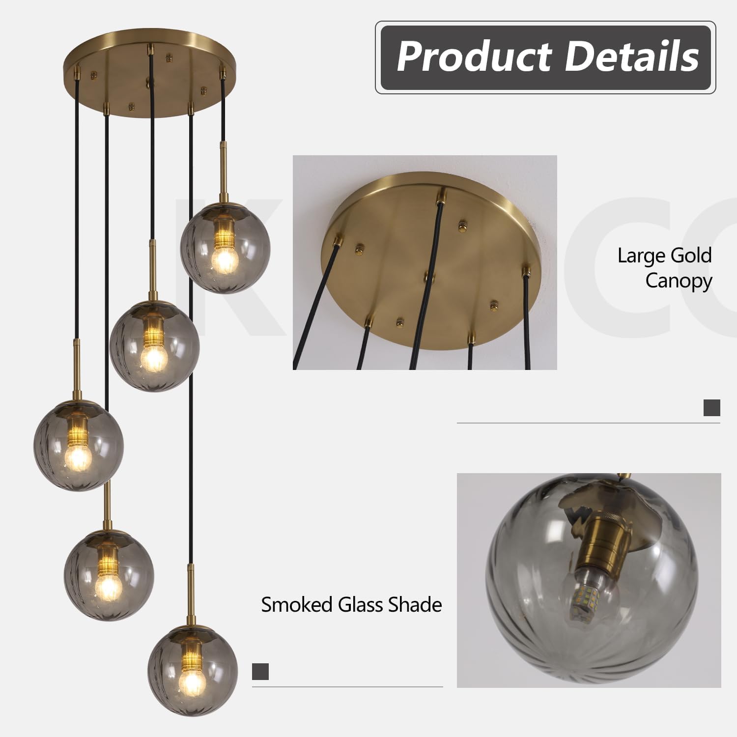 Gold Smoke Glass 5-Light Cluster Pendant Light