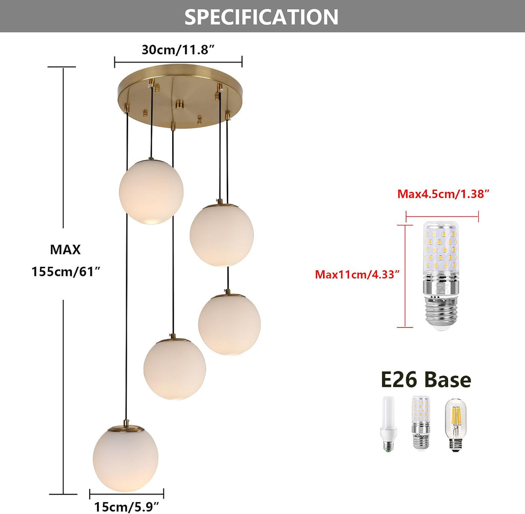 Brushed Gold Milk Glass 5-Light Cluster Pendant
