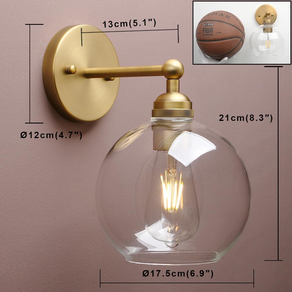 Antique Brass Round Glass Industrial Bathroom Wall Sconce