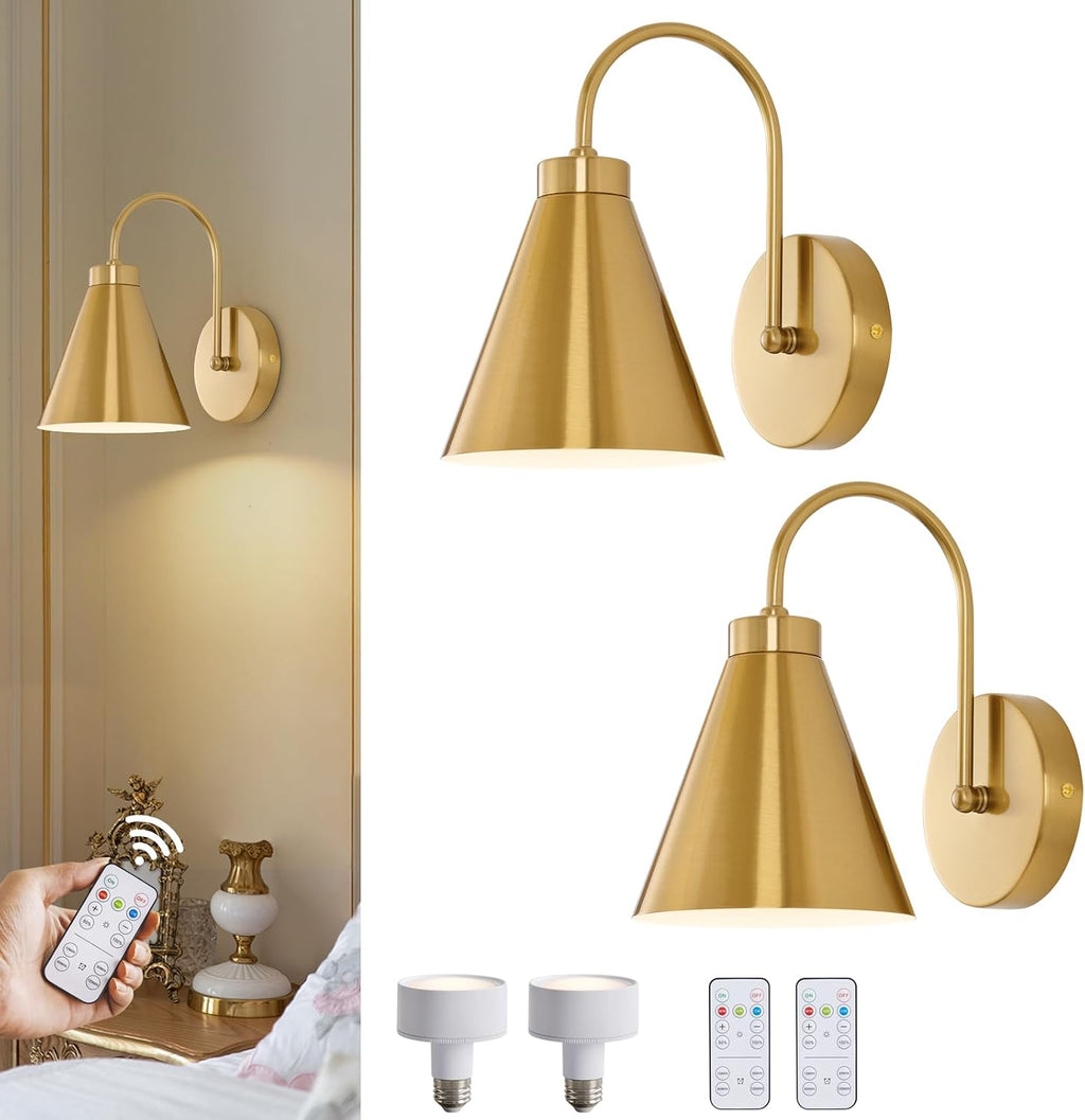 Gold Remote Rechargeable Gooseneck Wall Sconces Set