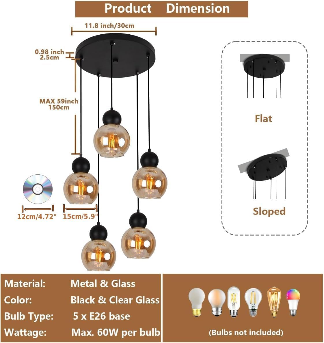 Black Amber Glass 5-Light Cluster Pendant Light