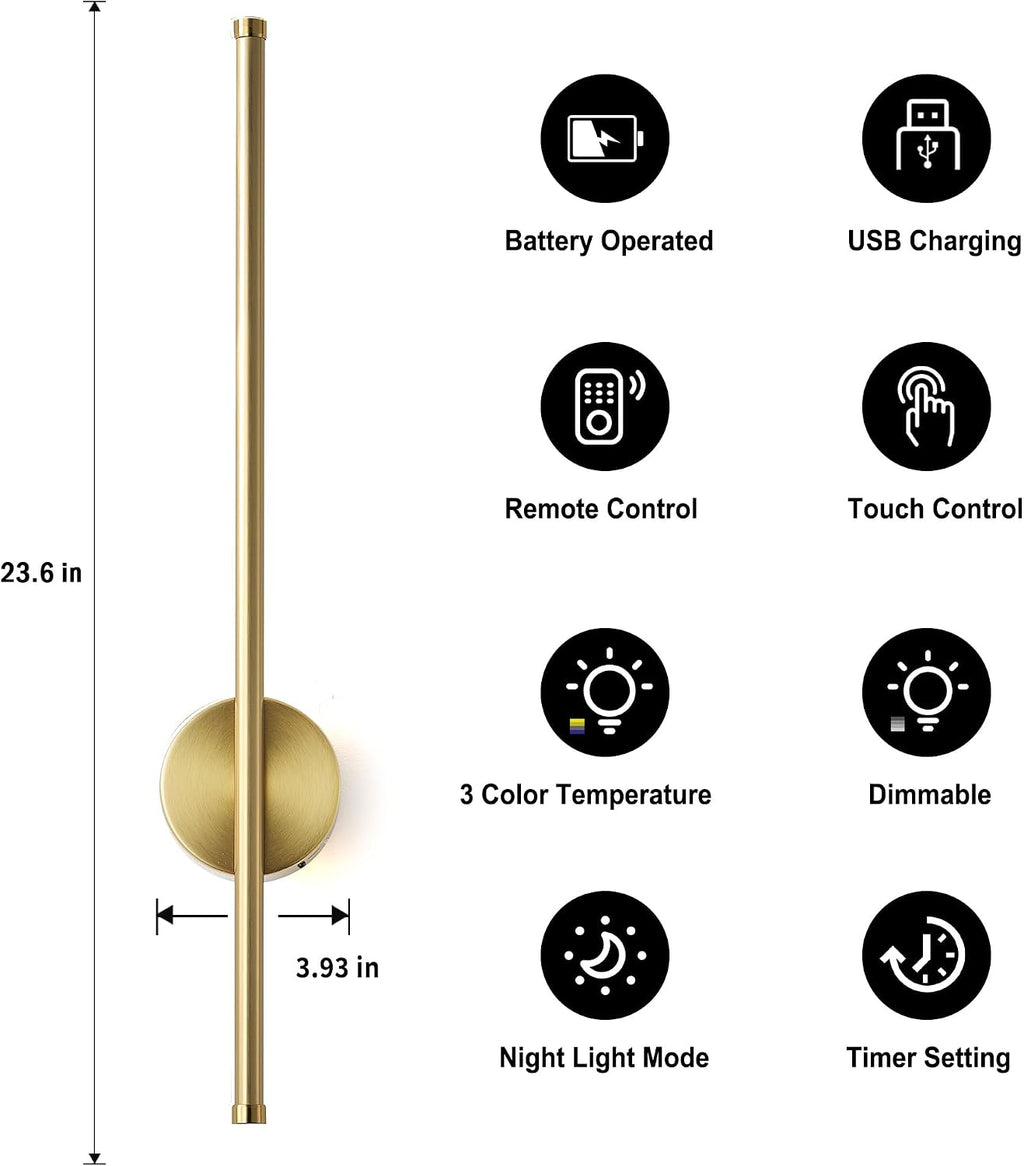 Brass Remote Rechargeable Dimmable Wall Sconces