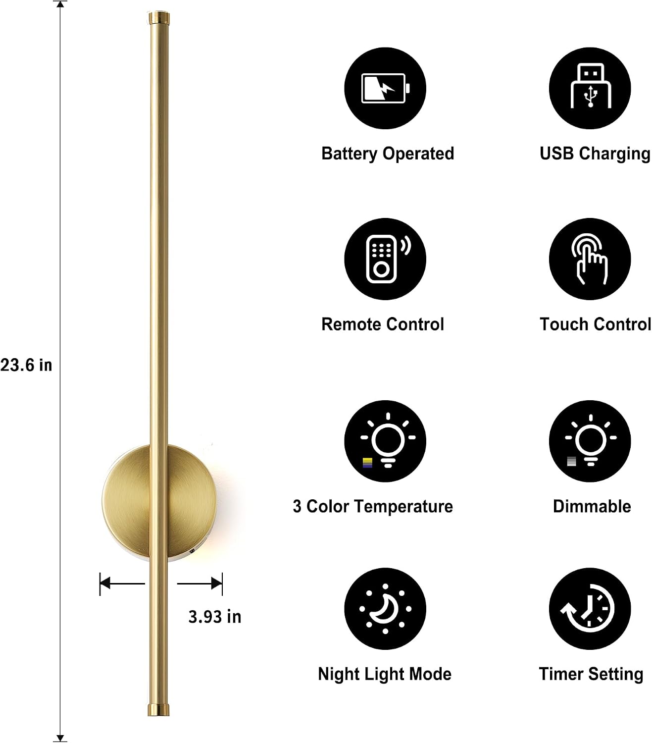 Brass Remote Rechargeable Dimmable Wall Sconces
