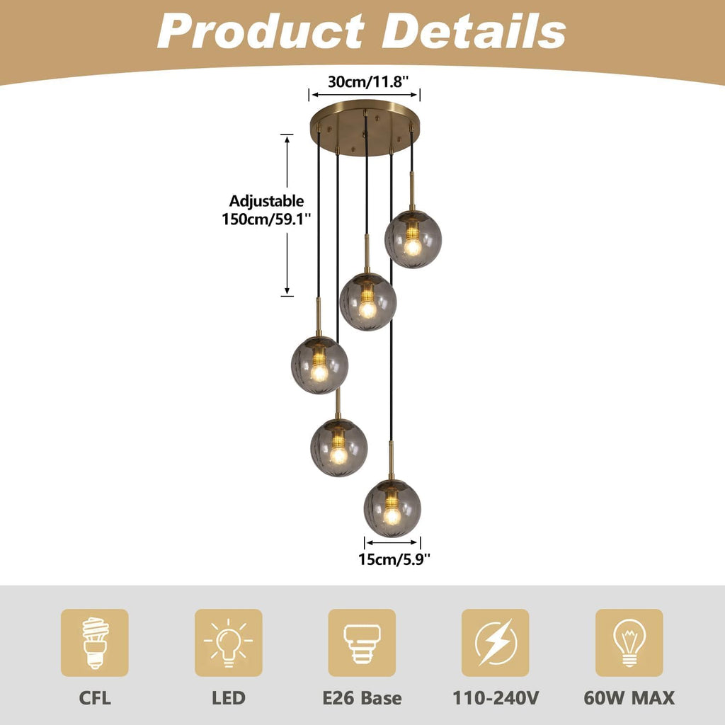 Gold Smoke Glass 5-Light Cluster Pendant Light