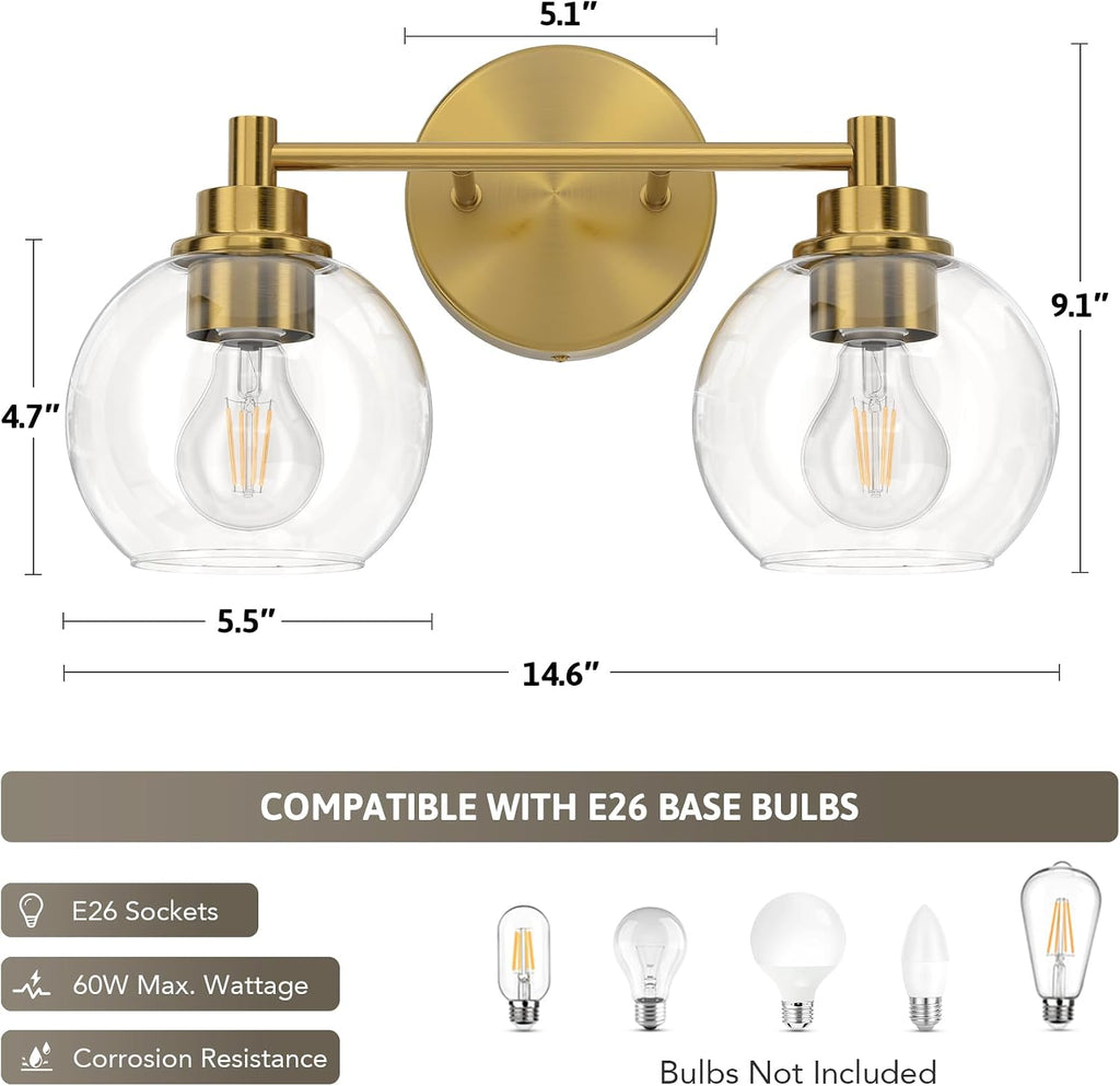 Gold Globe Glass 2-Light Bathroom Vanity Light