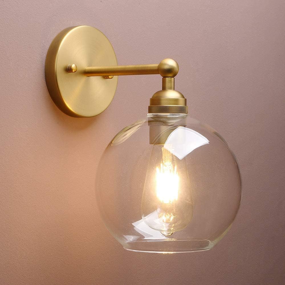 Antique Brass Round Glass Industrial Bathroom Wall Sconce