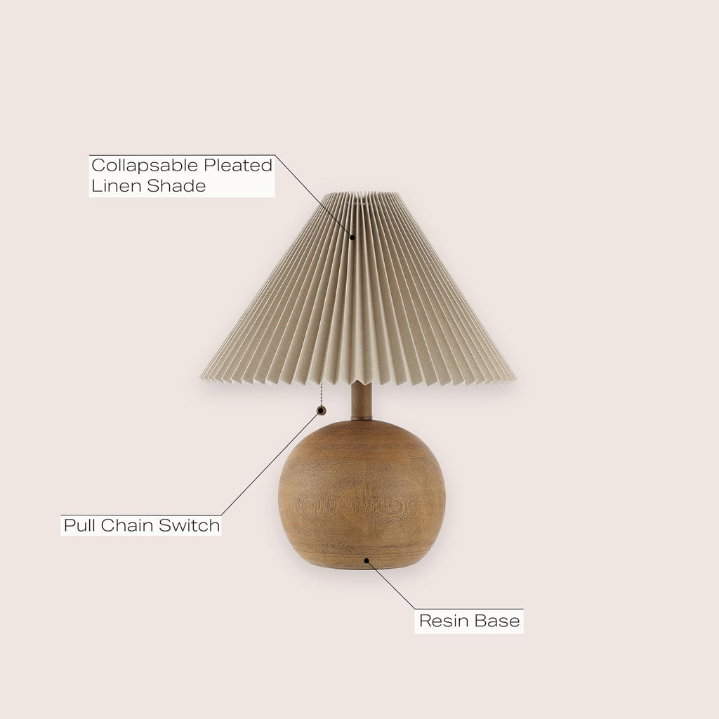 Wood Sphere Beige Linen Shade Table Lamp