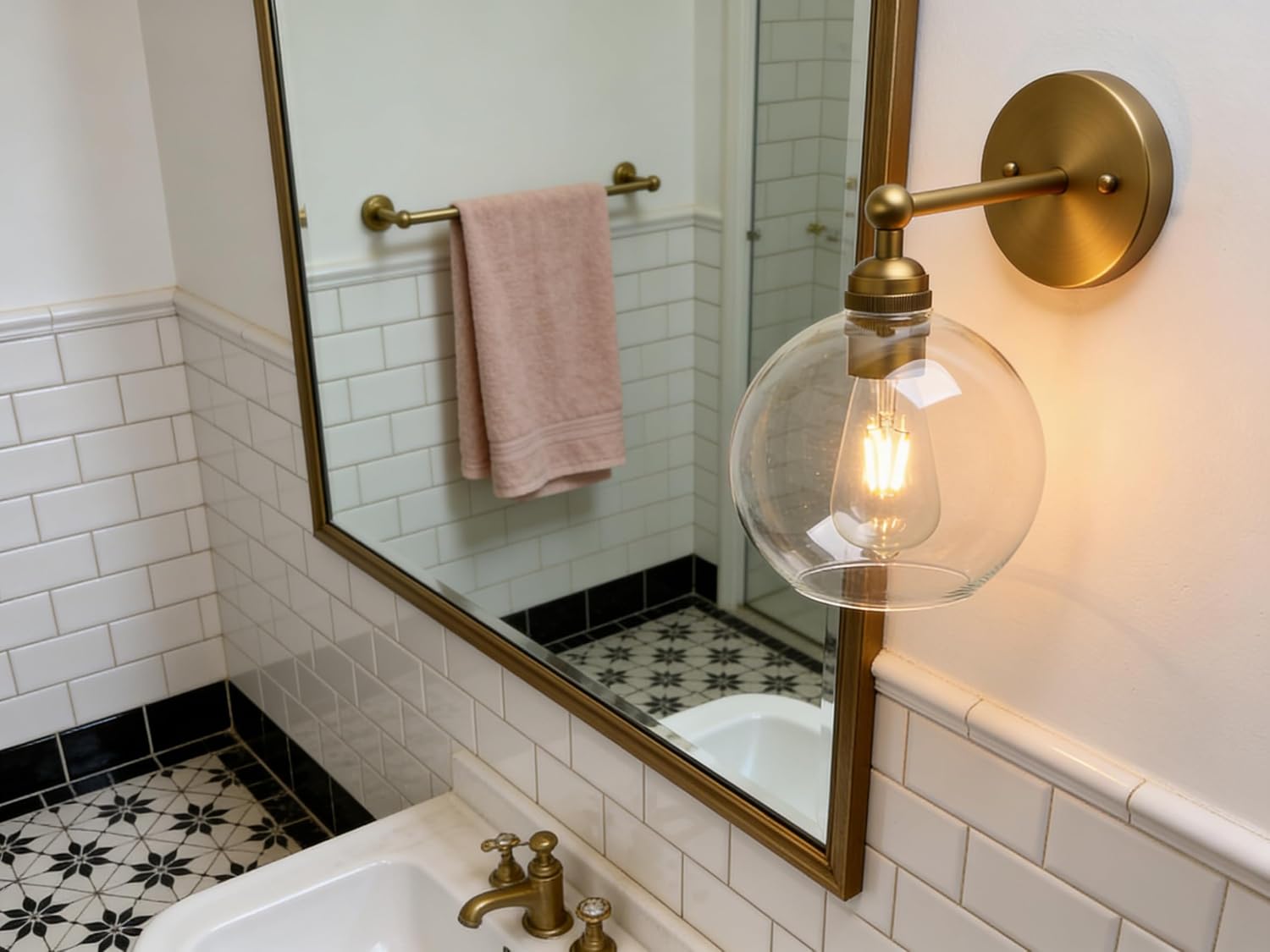 Antique Brass Round Glass Industrial Bathroom Wall Sconce