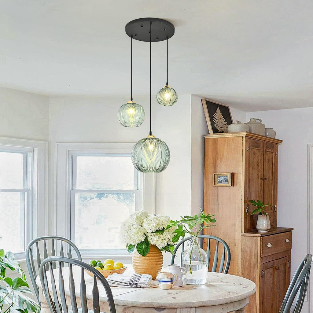 Green Striped Glass 3-Light Cluster Pendant Light