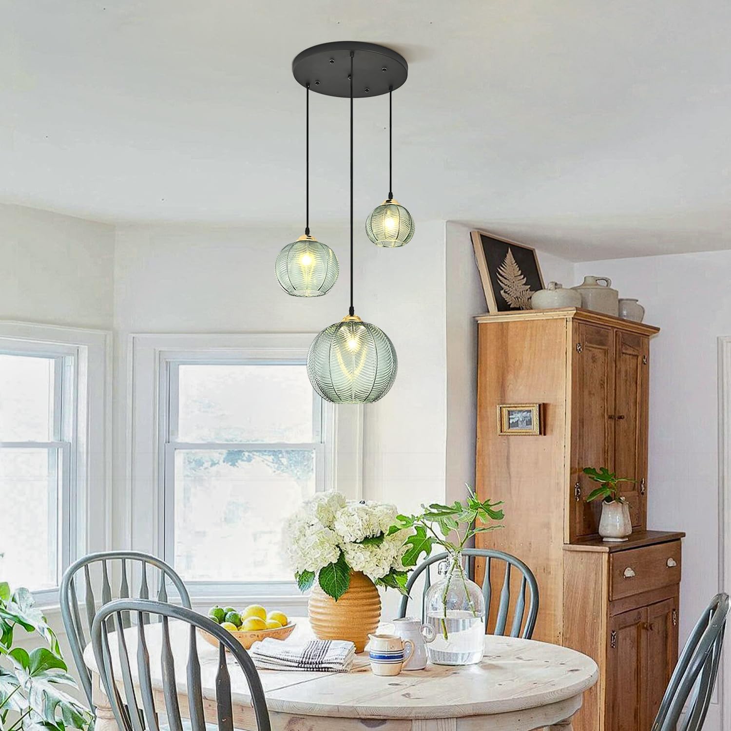 Green Striped Glass 3-Light Cluster Pendant Light