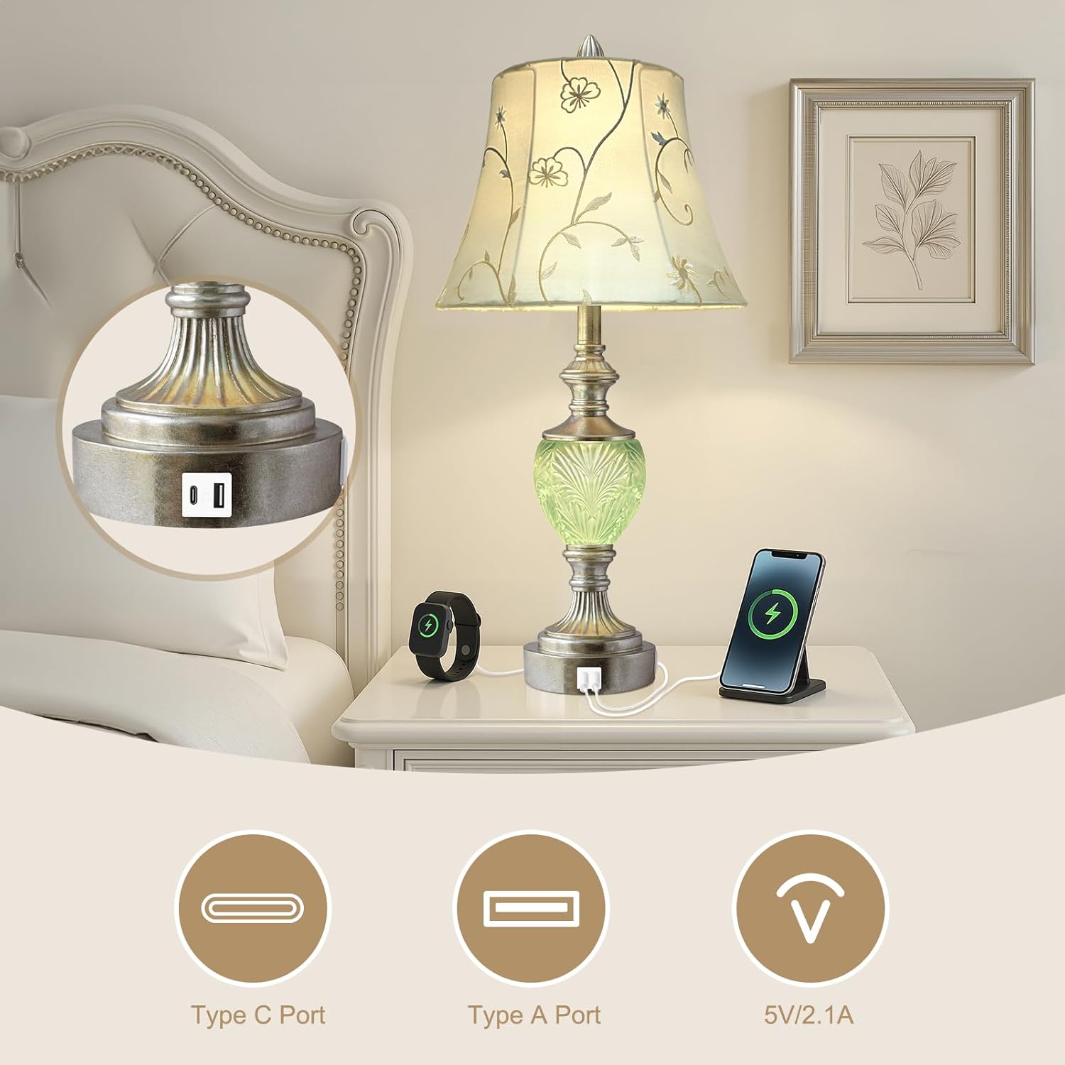 Silver Leaf Embroidered Shade USB Table Lamps Set