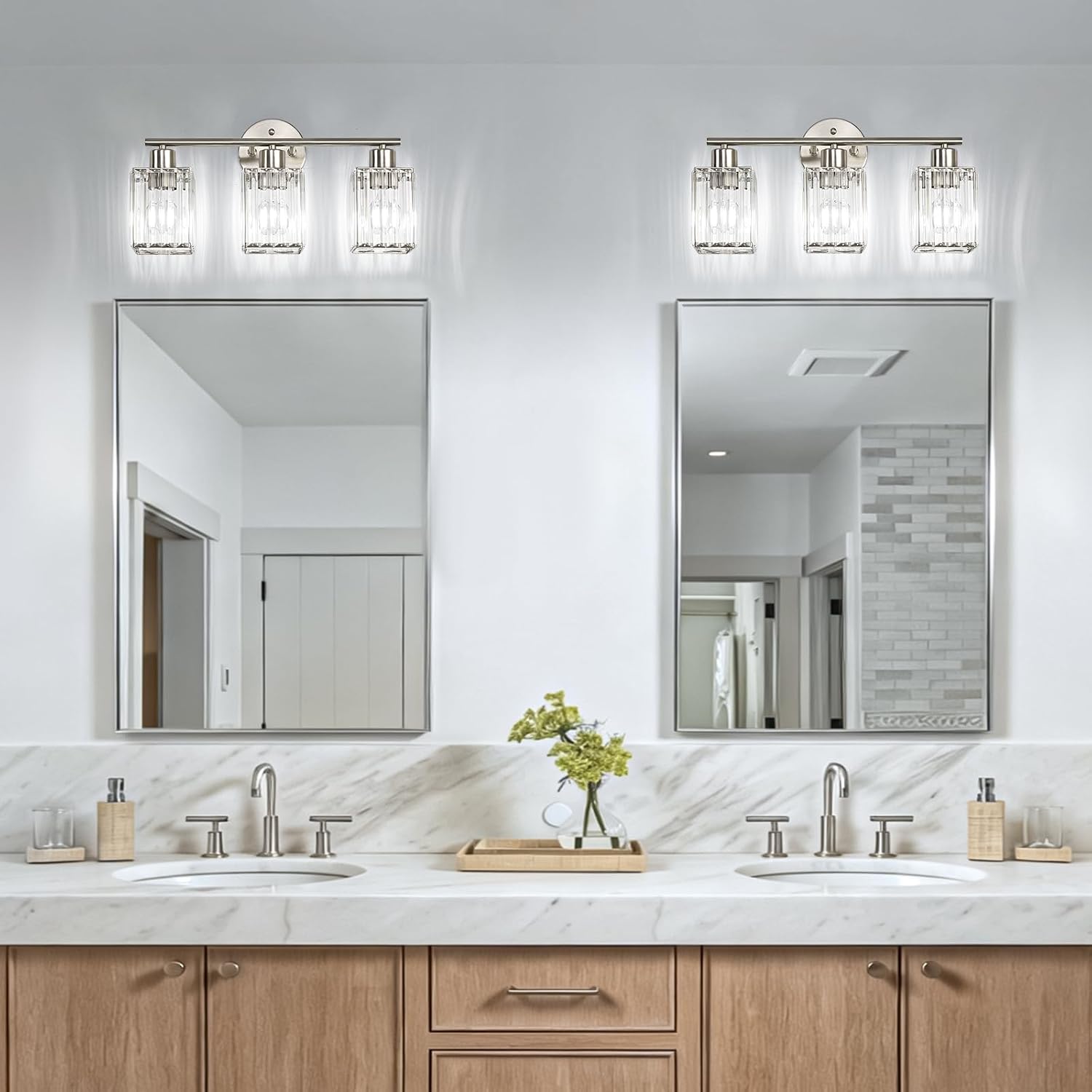 Brushed Nickel Square Crystal 3-Light Vanity Light