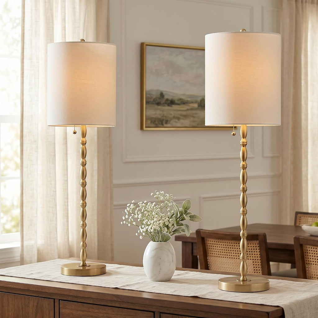Brass Linen Shade Tall Buffet Lamps Set
