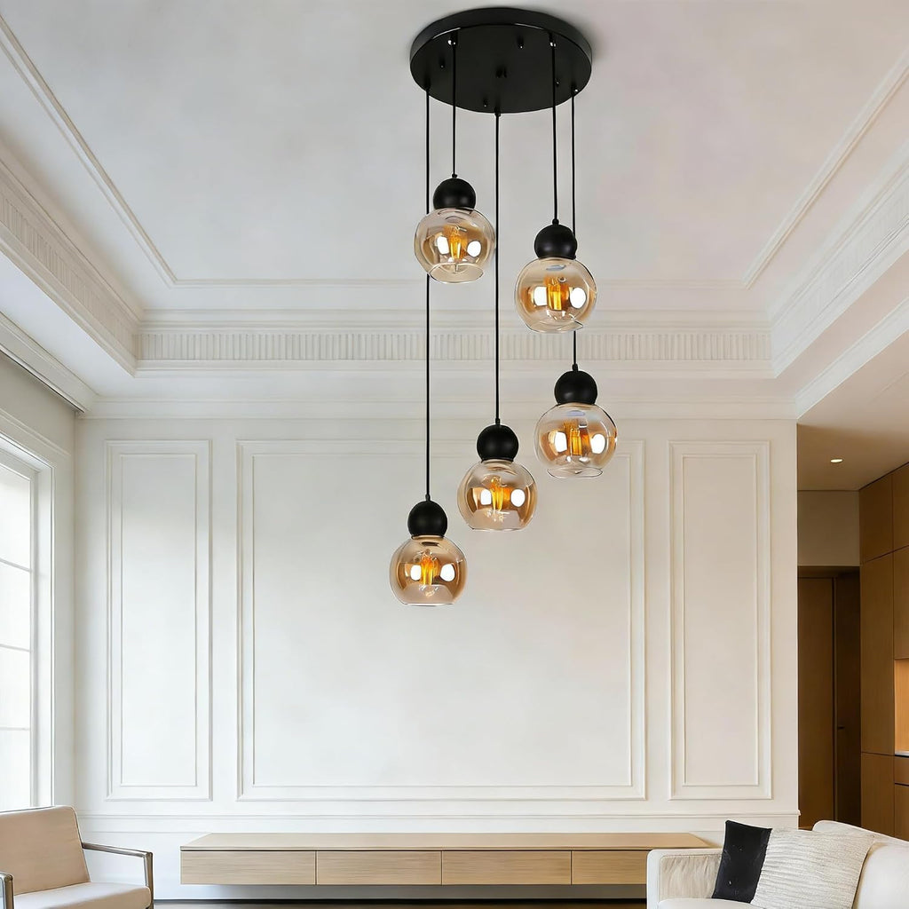 Black Amber Glass 5-Light Cluster Pendant Light
