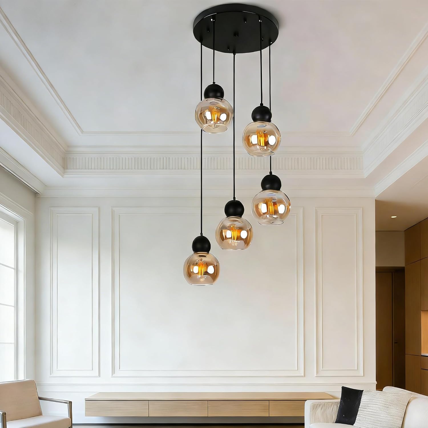 Black Amber Glass 5-Light Cluster Pendant Light