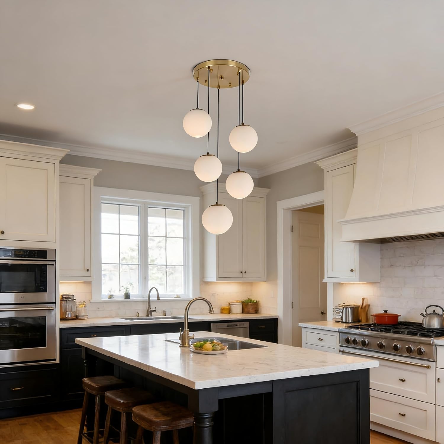 Brushed Gold Milk Glass 5-Light Cluster Pendant