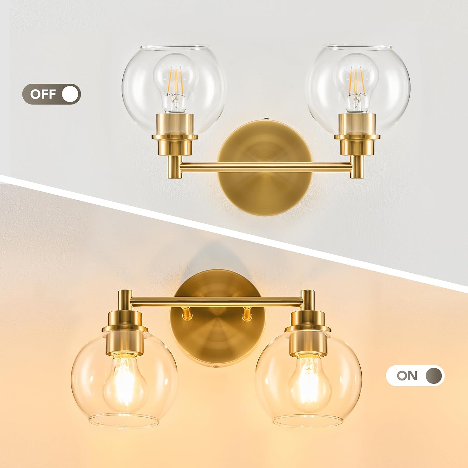 Gold Globe Glass 2-Light Bathroom Vanity Light