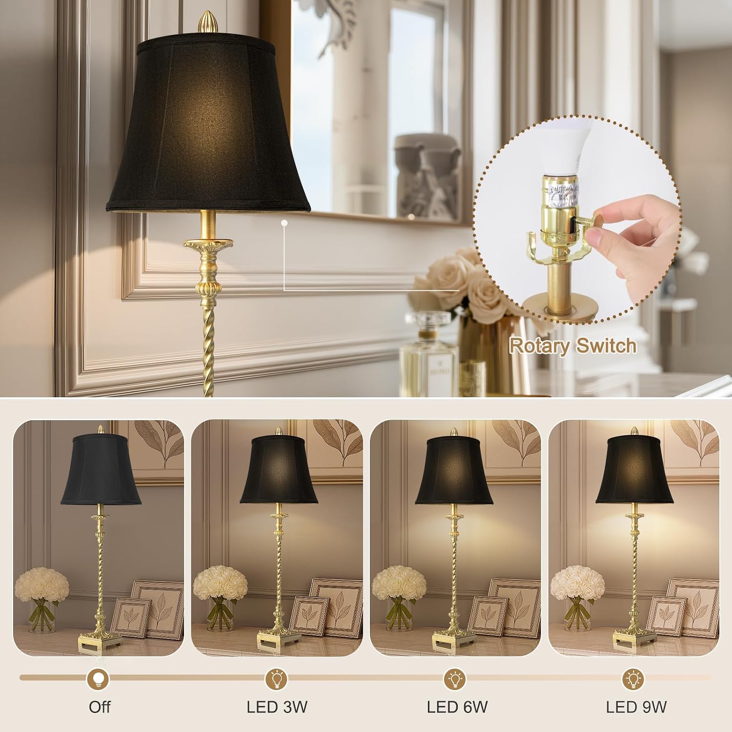 Gold Leaf Black Linen Shade Tall Table Lamps Set