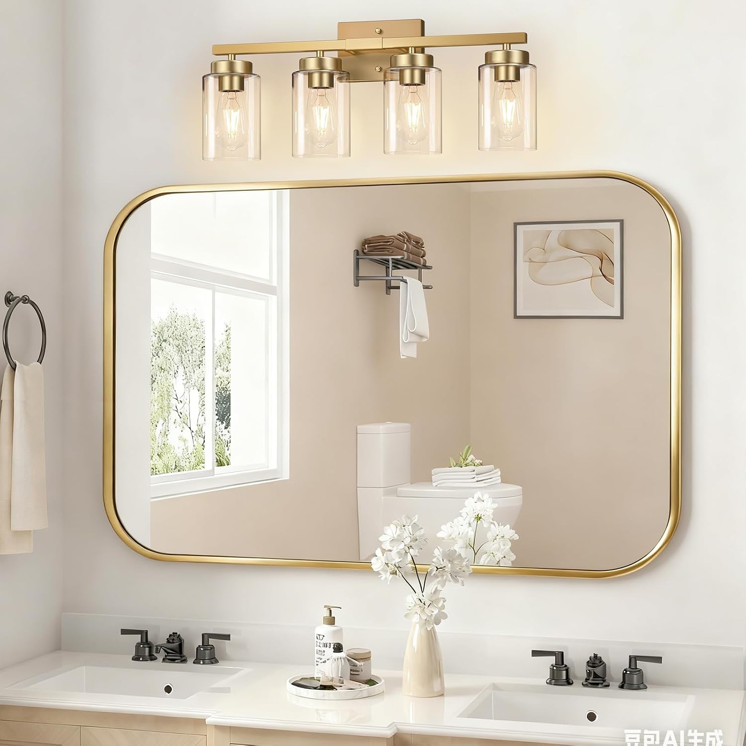 Brushed Gold Clear Glass 4-Light Bathroom Vanity Light