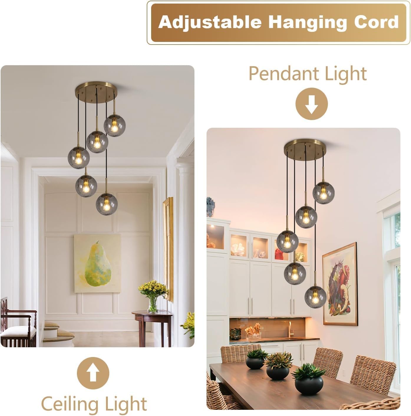 Gold Smoke Glass 5-Light Cluster Pendant Light