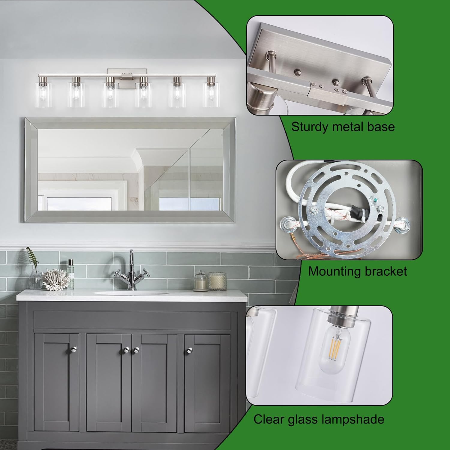 Brushed Nickel Clear Glass 6-Light Bathroom Vanity Light