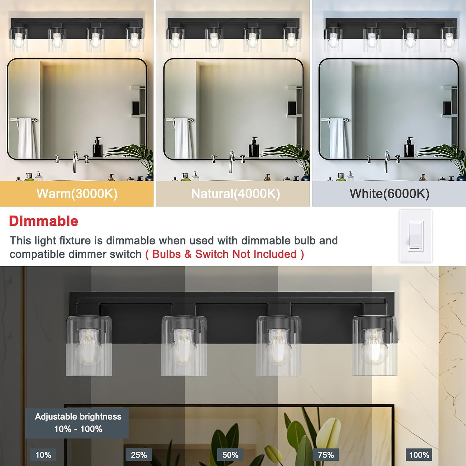 Black Square Glass 4-Light Farmhouse Vanity Light