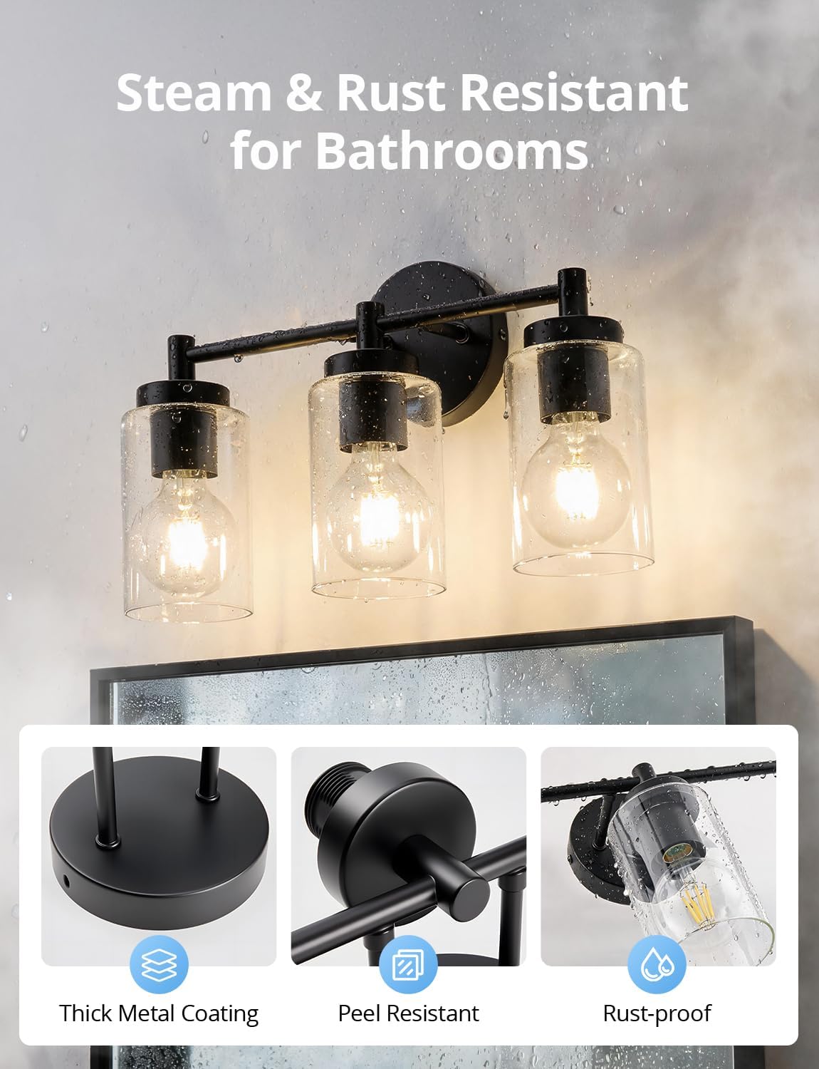 Combuh Black Clear Glass 3-Light Bathroom Vanity Light