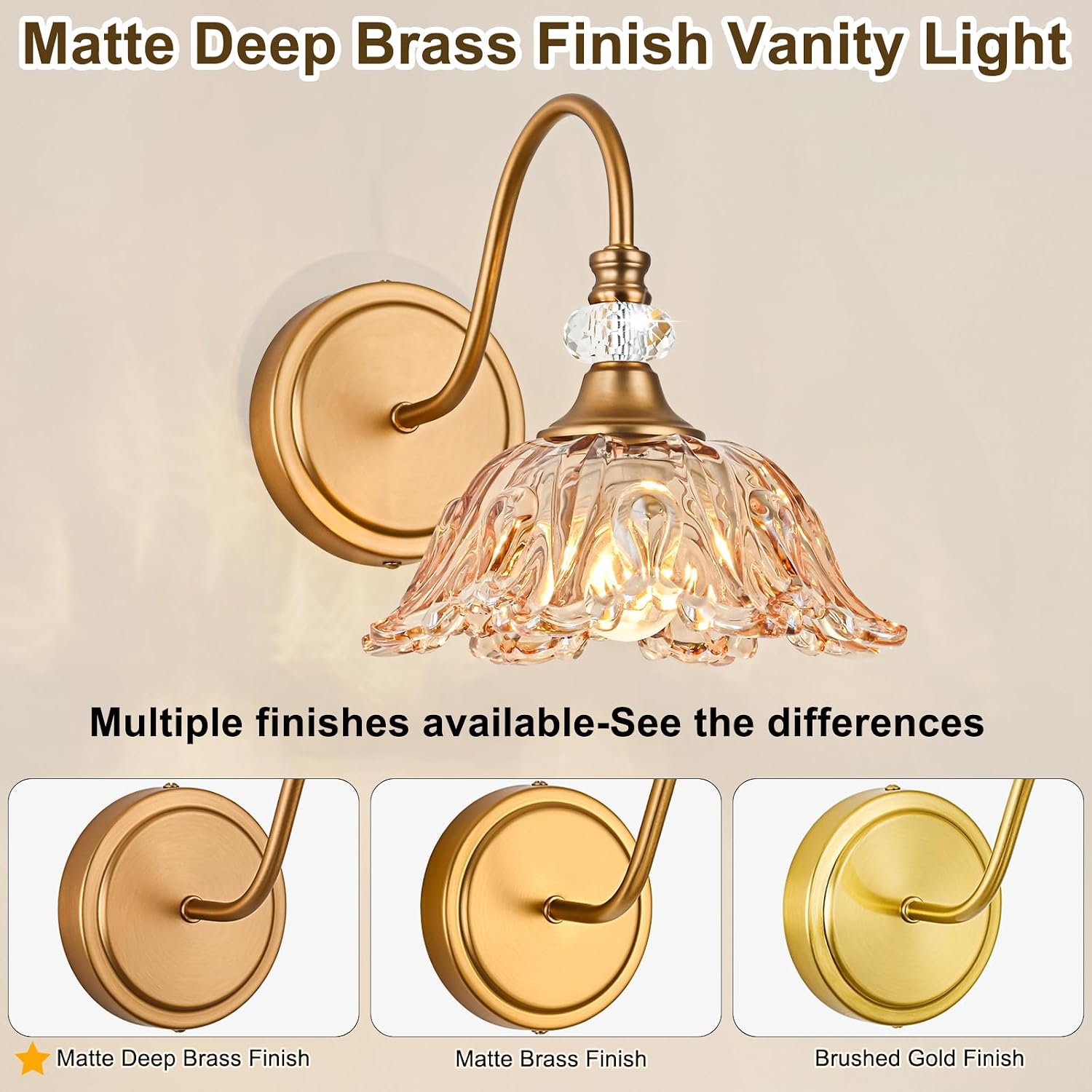 Matte Brass Floral Amber Glass Wall Sconce