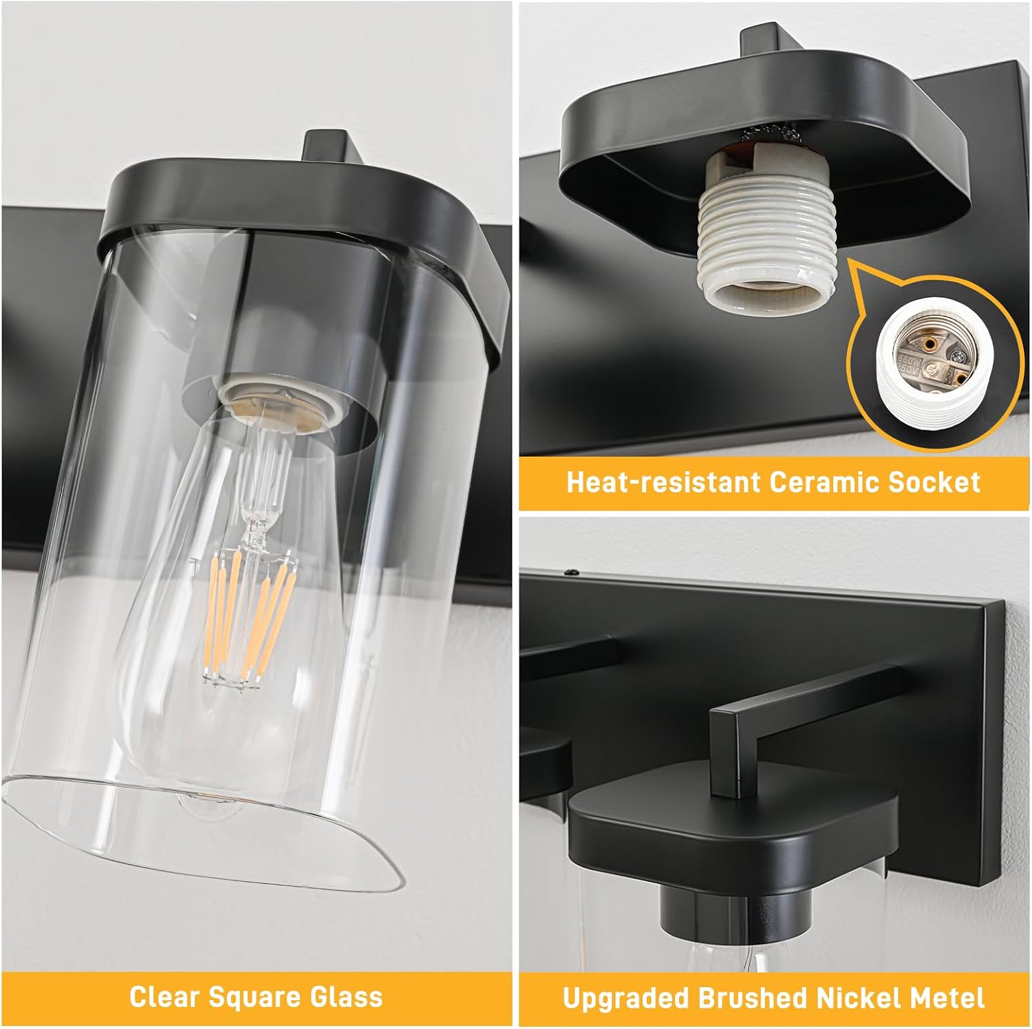 Matte Black Square Glass 3-Light Vanity Light