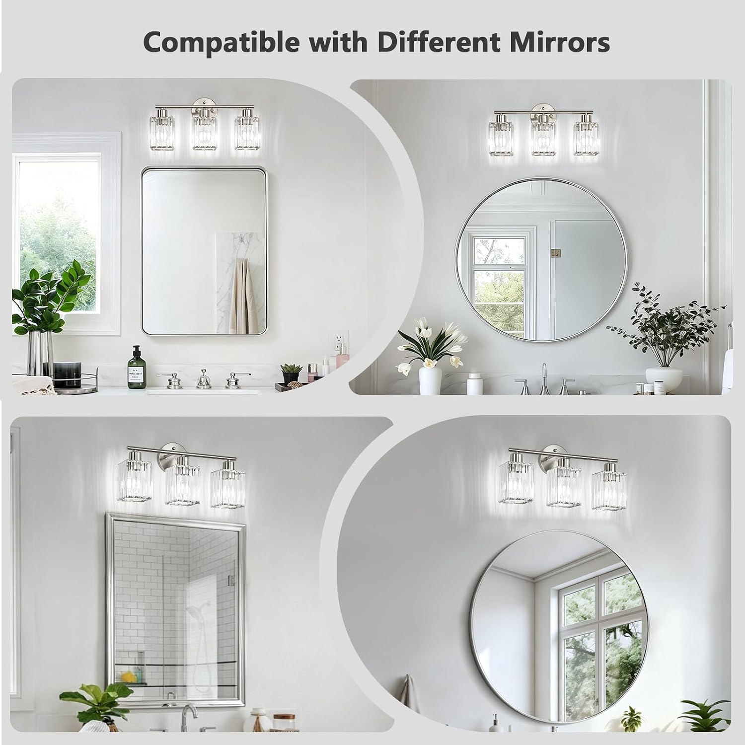 Brushed Nickel Square Crystal 3-Light Vanity Light
