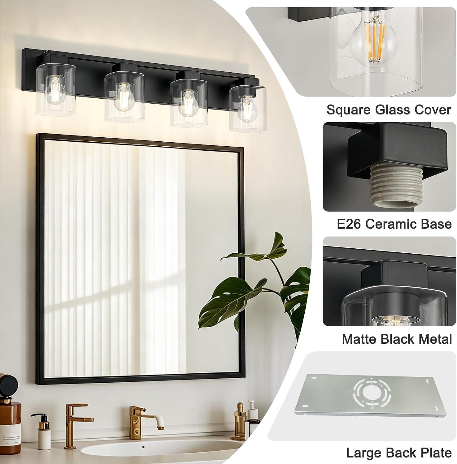Black Square Glass 4-Light Farmhouse Vanity Light