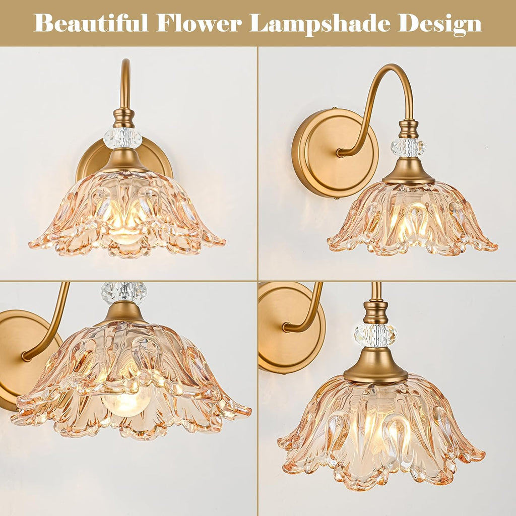Matte Brass Floral Amber Glass Wall Sconce
