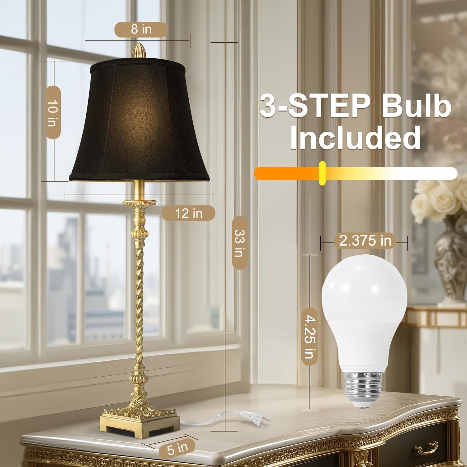 Gold Leaf Black Linen Shade Tall Table Lamps Set