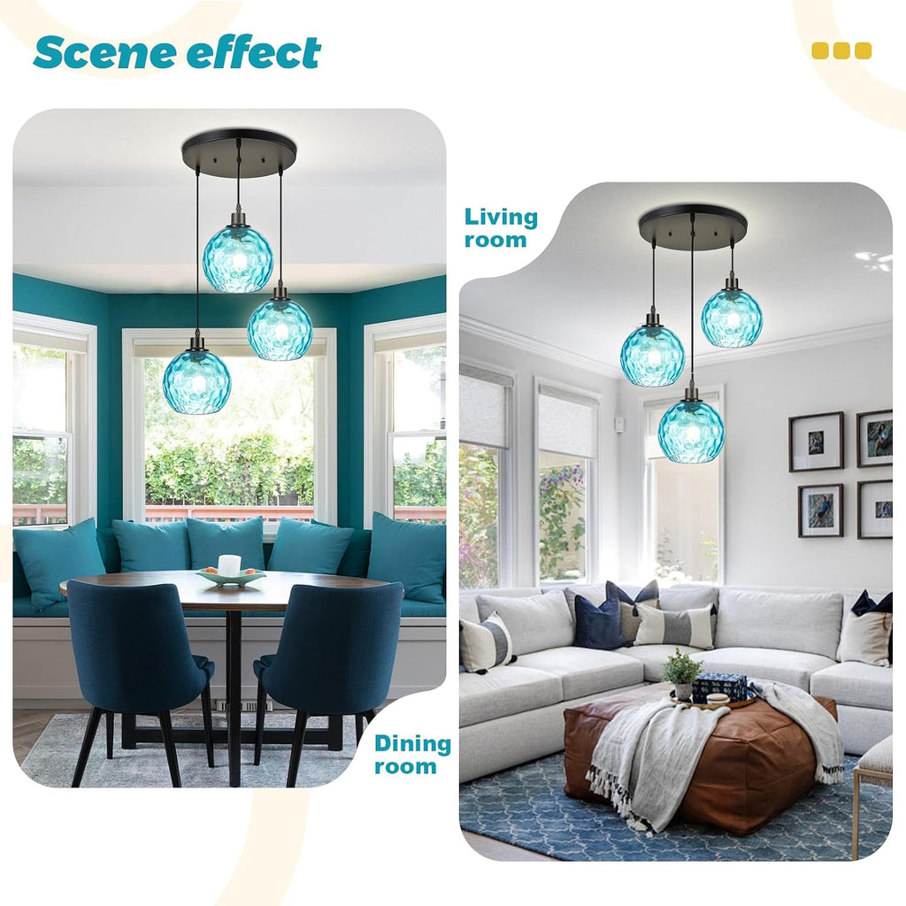 Blue Hammered Glass 3-Light Cluster Pendant Light