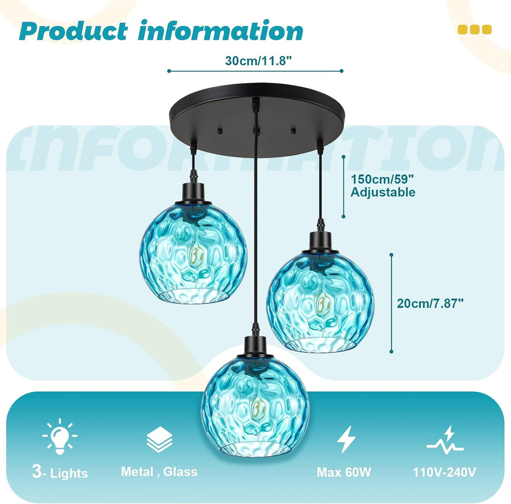 Blue Hammered Glass 3-Light Cluster Pendant Light