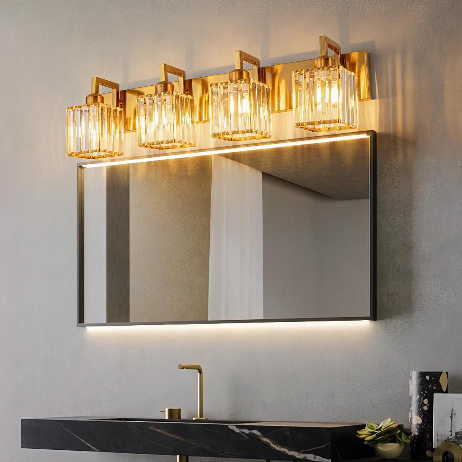 Gold Brushed Brass Crystal 4-Light Vanity Light