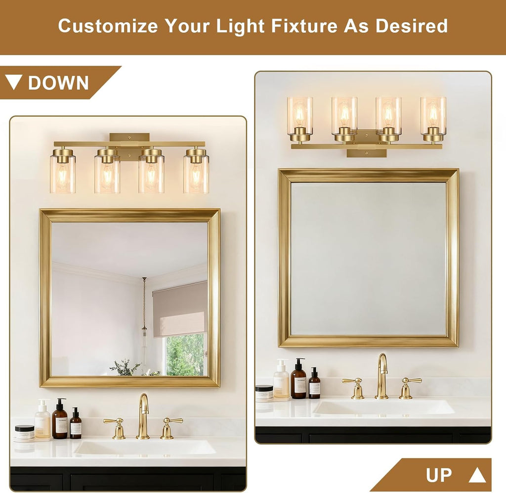 Brushed Gold Clear Glass 4-Light Bathroom Vanity Light