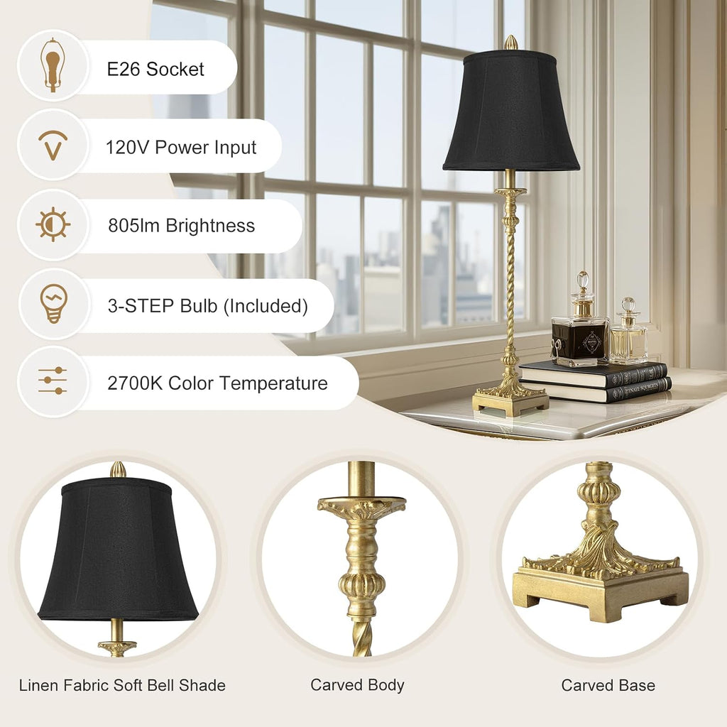Gold Leaf Black Linen Shade Tall Table Lamps Set