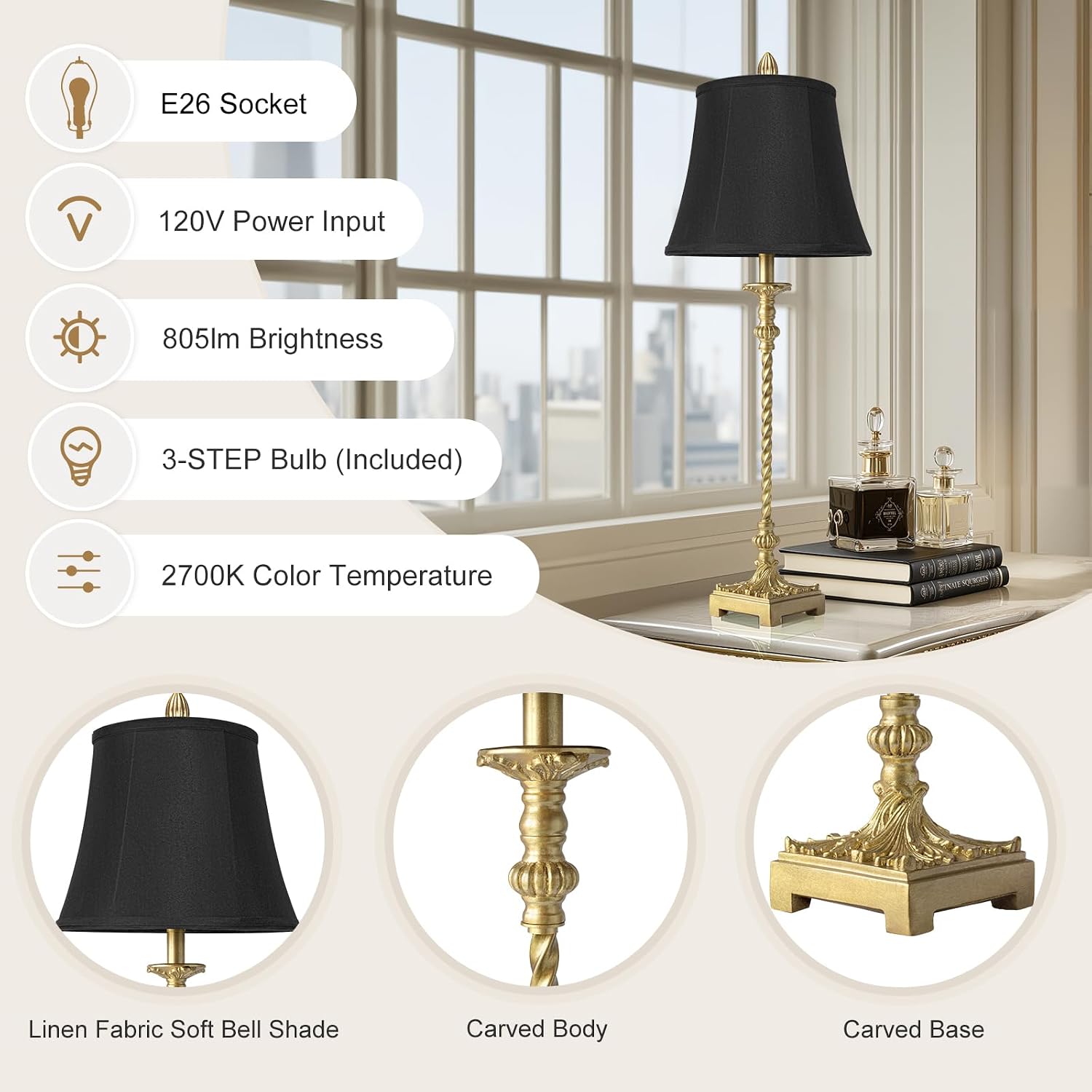 Gold Leaf Black Linen Shade Tall Table Lamps Set