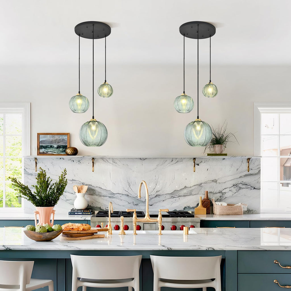 Green Striped Glass 3-Light Cluster Pendant Light