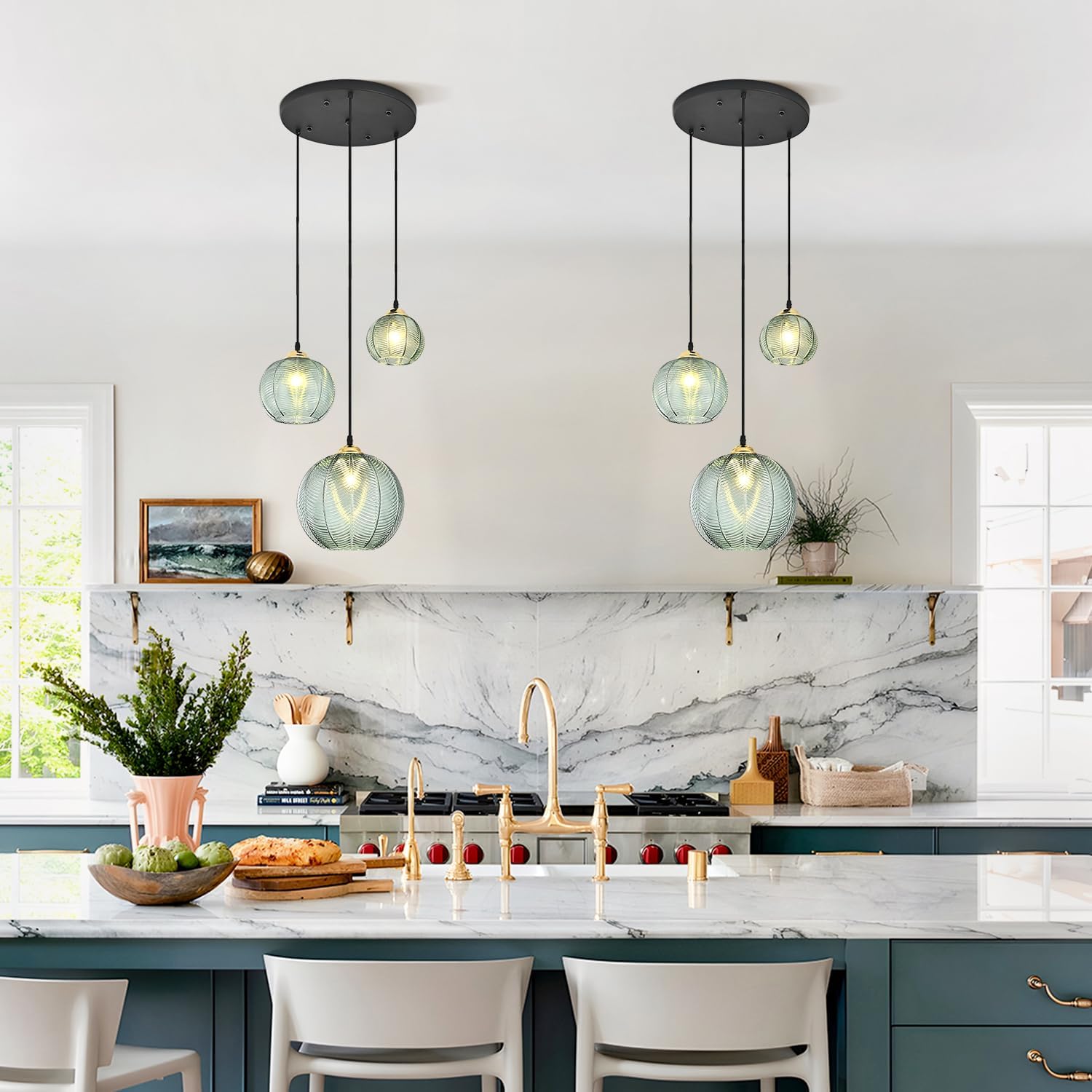 Green Striped Glass 3-Light Cluster Pendant Light